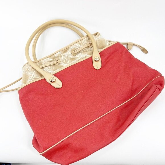 ✅ COLE HAAN CORAL AND TAN COATED CANVAS TOTE WITH DRAWSTRING CLOSURE - Picture 1 of 7